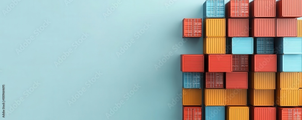 Poster colorful shipping containers arranged on a blue background, showcasing patterns and textures for log
