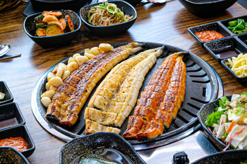 Korean food. Grilled eel. Three flavors. Spicy sauce, salt, soy sauce