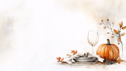 Fototapeta premium Artistic autumn table arrangement featuring a pumpkin, wine glass, and decorative leaves on a soft backdrop