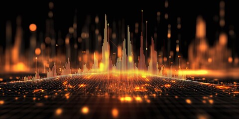 economic stock market visualization with a neon rising graph and glowing trading numbers, enhanced by sound wave motion on a black futuristic background