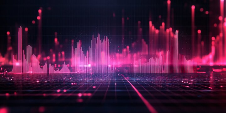 economic stock market visualization with a neon rising graph and glowing trading numbers, enhanced by sound wave motion on a black futuristic background - Powered by Adobe