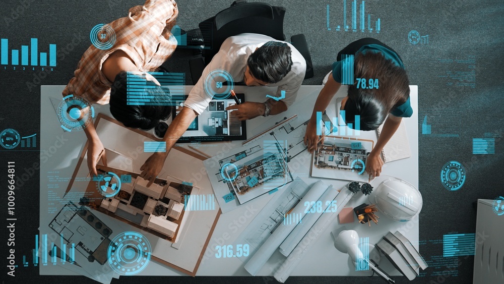Aufkleber top down aerial view of team looking at blueprint and talking about financial chart or investment st