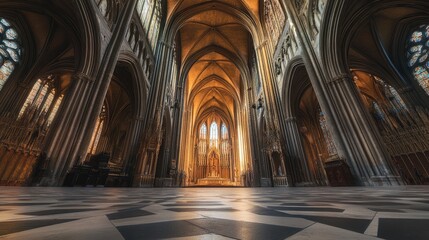 Fototapeta premium The Interior of a Cathedral with Tall Arched Ceilings and Stained Glass Windows