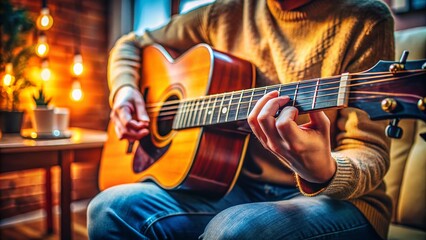 Fototapeta premium Close-up of a hand playing the B minor chord on an acoustic guitar in a cozy home setting