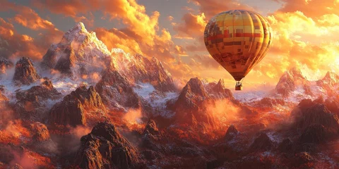 a hot air balloon flying over a mountain range