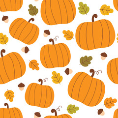 Pumpkin seamless pattern.Thanksgiving background.Autumn pattern with pumpkins,acorns and fall leaves.Vector illustration.It can be used for wallpapers, wrapping, cards, patterns for clothes and other.
