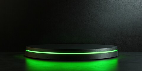 illuminated green light podium on a dark black background, creating an elegant and futuristic display for mockups, product showcases, and 3D digital presentations