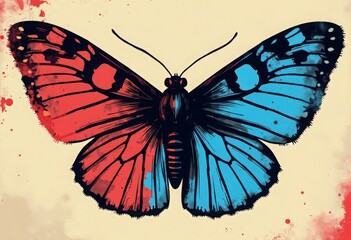 A butterflies with different colors and sizes. Overprint effect. Risograph style