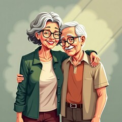 old people's day. A cartoon of a old man and woman hugging each other
