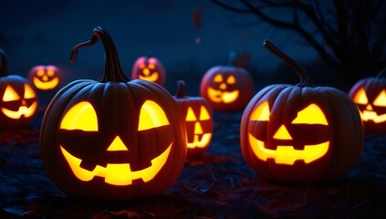 Halloween pumpkins glowing in the dark background, Jack o Lantern, autumn Halloween holiday concept background, Spooky night scene, banner, poster, header, illustration created with generative ai