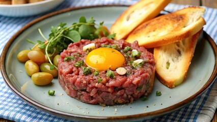 Delicious beef tartar served with fresh herbs, a raw egg yolk, and toasted bread on a rustic table