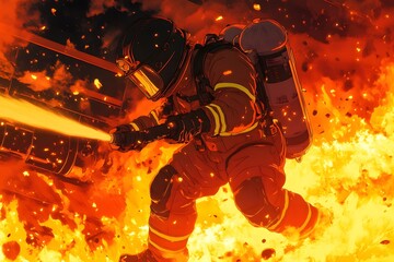 Young firefighter amidst blazing fire