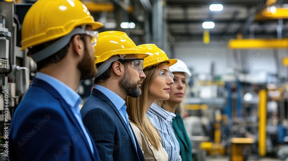 Poster engineers in hard hats observing factory operations