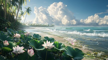 A lotus pond on the edge of a serene beach, with waves gently crashing nearby and the lotuses basking in the tropical sunlight. Palm trees sway in the background.