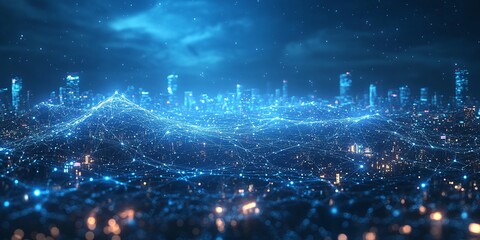 Fototapeta premium urban traffic in the city combined with abstract business graph waves and a cyber network grid on a blue technology background representing the connection between urban data flow and digital analysis