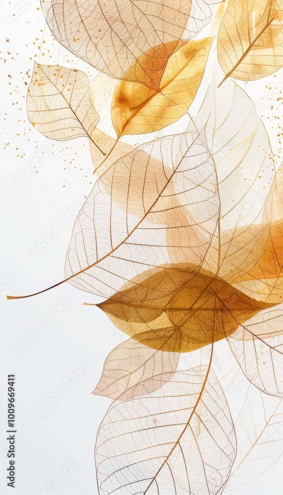 Poster minimalist autumn abstract with delicate transparent leaf shapes in soft muted tones on white backgr