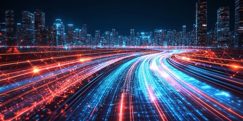 Fototapeta premium urban traffic in the city combined with abstract business graph waves and a cyber network grid on a blue technology background representing the connection between urban data flow and digital analysis