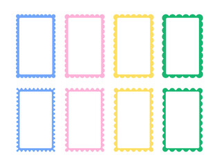 Multicolored rectangular shapes with wavy edges set. Scallop frames and text boxes collection on white background.