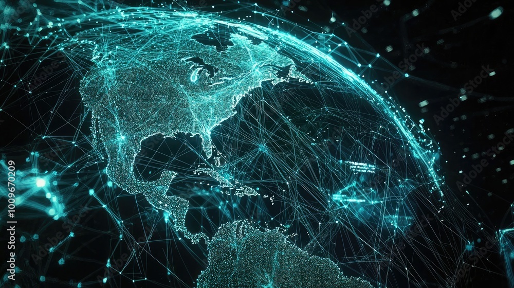 Poster a glowing turquoise globe with a network of lines and dots representing global connectivity.