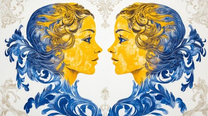 Fototapeta premium Gemini zodiac sign rendered in a futuristic, abstract twin motif using cool tones of silver and blue. Set against a white background, this design embodies communication, versatility, and intellect.