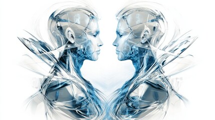 Gemini zodiac sign rendered in a futuristic, abstract twin motif using cool tones of silver and blue. Set against a white background, this design embodies communication, versatility, and intellect.