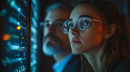 professionals in cybersecurity analyzing data on monitors in a dimly lit server room concentrating on digital protection encryption methods and network security against cyber threats