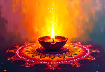 Experience festive magic! Abstract Painting of Colorful Diya (Oil Lamps) and scattered vibrant Holi colors create a lively atmosphere, centered around a majestic decorative diya for Diwali Celebration