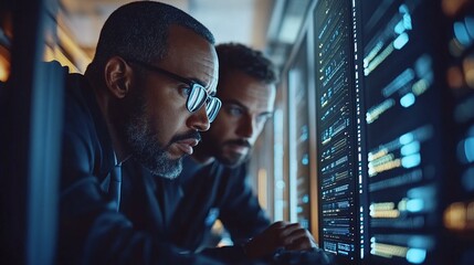 professionals in cybersecurity analyzing data on monitors in a dimly lit server room concentrating on digital protection encryption methods and network security against cyber threats
