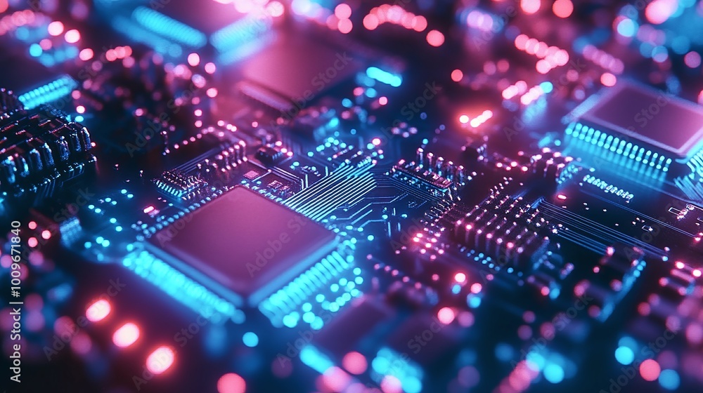 Poster vibrant blue circuit board in a close-up view highlighting the digital pulse and complexity of advan