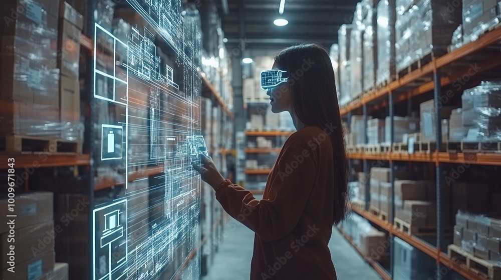 Poster future concept of smart warehouse management using augmented reality technology to streamline packag