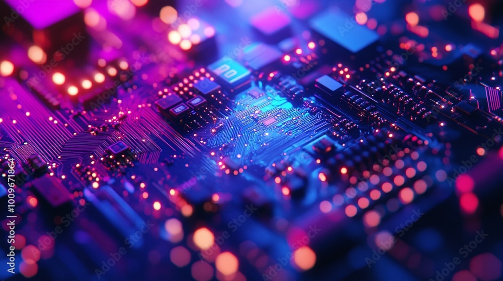 Poster vibrant blue circuit board in a close-up view highlighting the digital pulse and complexity of advan