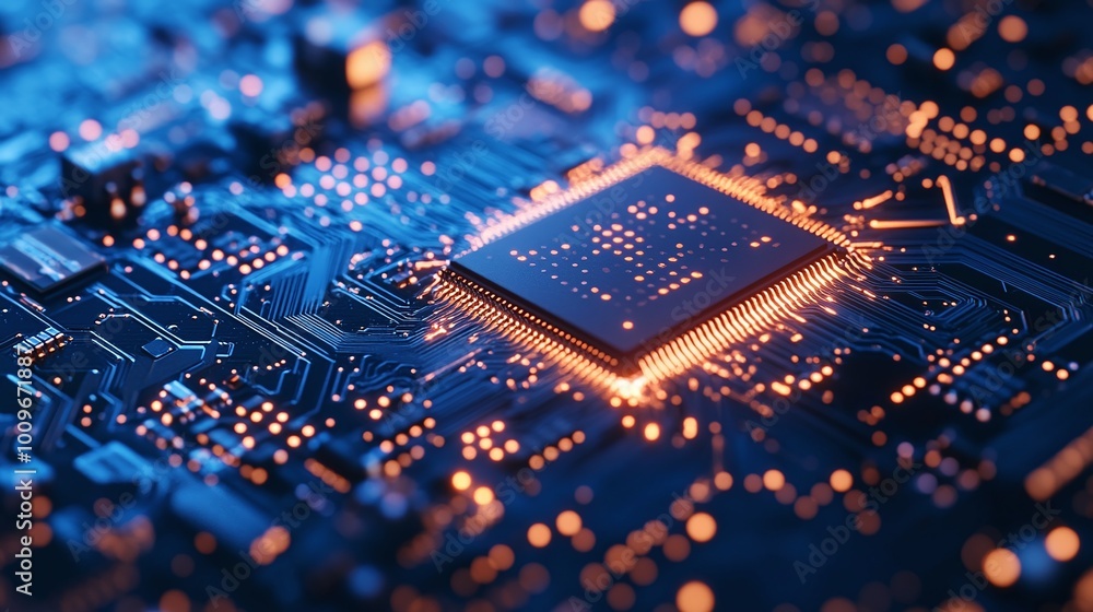 Poster vibrant blue circuit board in a close-up view highlighting the digital pulse and complexity of advan