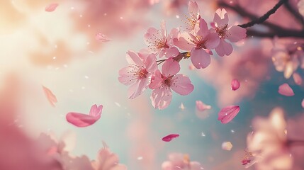   A zoomed-in image of pink blossoms on a tree against a blue backdrop, with some scattered petals in the foreground