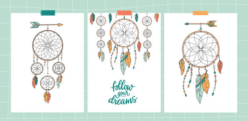 boho tribal posters, cards, banners for nursery decor with hand drawn dream catchers and feathers. Kids apparel decor, wallpaper, design. EPS 10