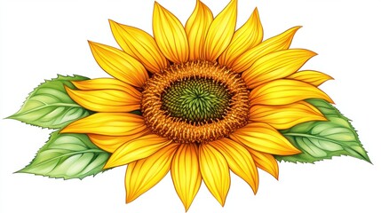 Naklejka premium A bright sunflower, bold yellows and greens, detailed center isolated on white background ready to bring joy to any space , cartoon drawing, water color style