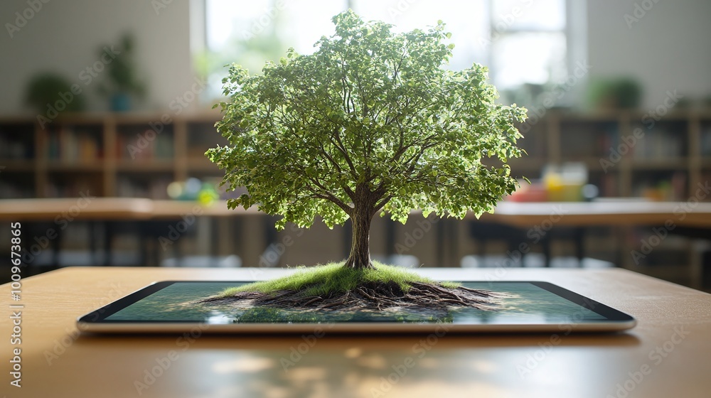 Poster augmented reality in the classroom with a tablet displaying a hologram of a tree offering an innovat