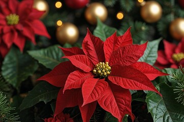 poinsettias with red and green leaves, on a festive bokeh background