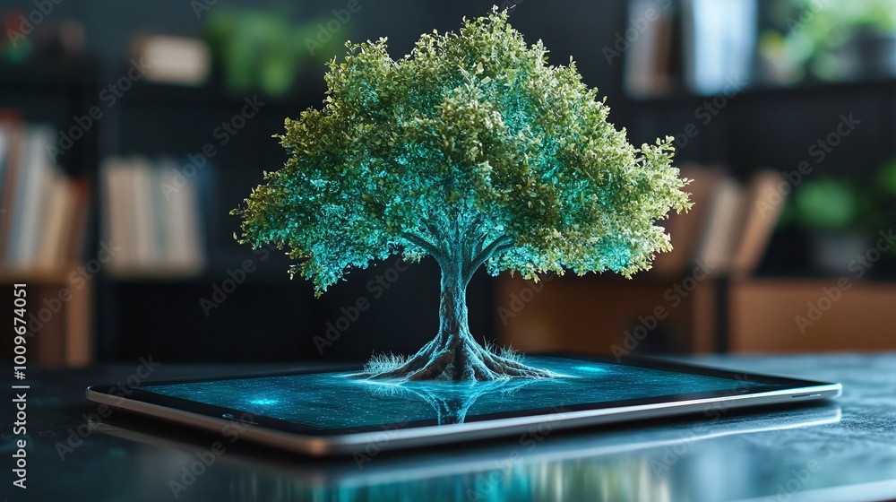 Poster augmented reality in the classroom with a tablet displaying a hologram of a tree offering an innovat