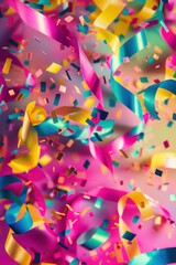 Fototapeta premium Vibrant Abstract Birthday Celebration Background with Neon Ribbons and Confetti for Party Decor