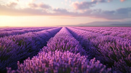 Obraz premium A vast expanse of vibrant lavender blossoms bathed in the golden light of the descending sun, punctuated by fluffy white cloud formations above