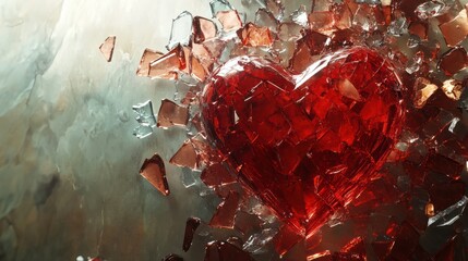A conceptual art piece of a glass heart, broken into countless pieces
