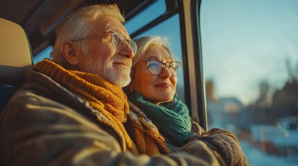 exploring new places together a senior couple enjoys their time traveling in a tour bus looking out the window with joy and happiness as they embrace adventure in their retirement years