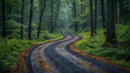 Fototapeta premium Dirt road or recording in a foggy and rainy forest