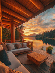 Fototapeta premium Sunset View from a Cozy Log Cabin Overlooking a Lake and Forest
