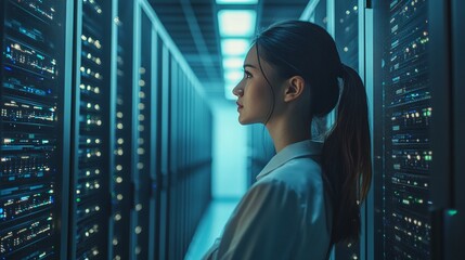 advanced server room with a professional female IT specialist and colleague discussing technology and network systems featuring hightech equipment and a focus on modern digital infrastructure