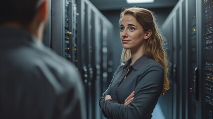 advanced server room with a professional female IT specialist and colleague discussing technology and network systems featuring hightech equipment and a focus on modern digital infrastructure