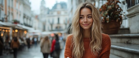 A woman standing in the middle of a city street