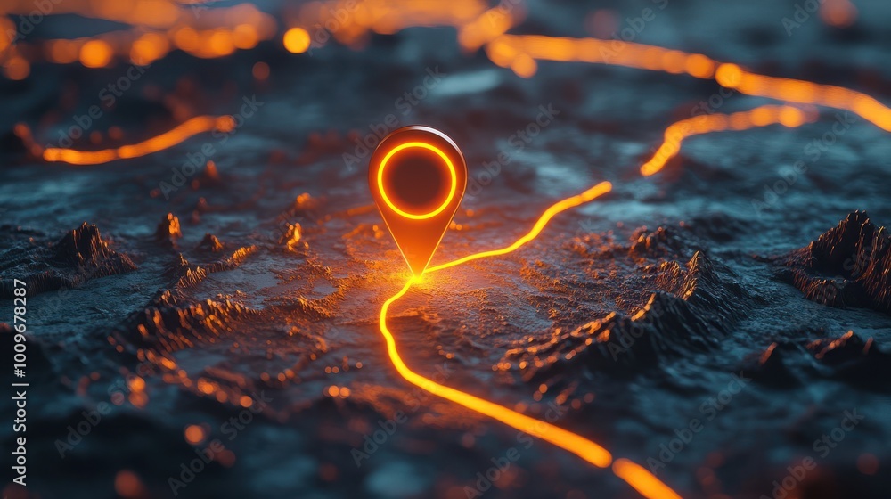 Poster a location pin on the map with glowing orange lines, symbolizing an entire route of walking or drivi