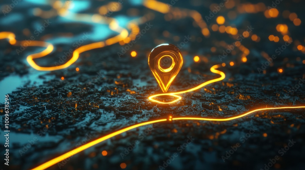 Poster a location pin on the map with glowing orange lines, symbolizing an entire route of walking or drivi
