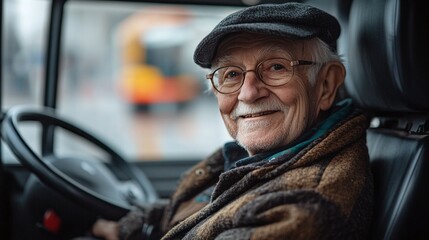 a joyful senior citizen on a travel adventure comfortably seated in a tourist bus with a smiling portrait capturing the essence of relaxed sightseeing and retirement tourism